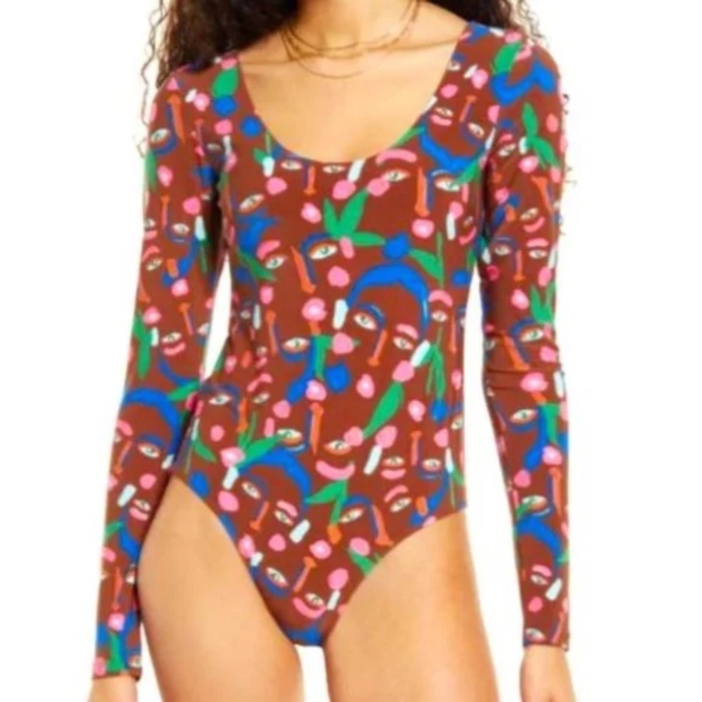 Long-Sleeve Scoop Neck Printed Bodysuit - Brown